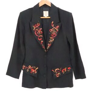 90s Black Embellished Blazer Womens Art to Wear Avant Garde Office USA Size 12P